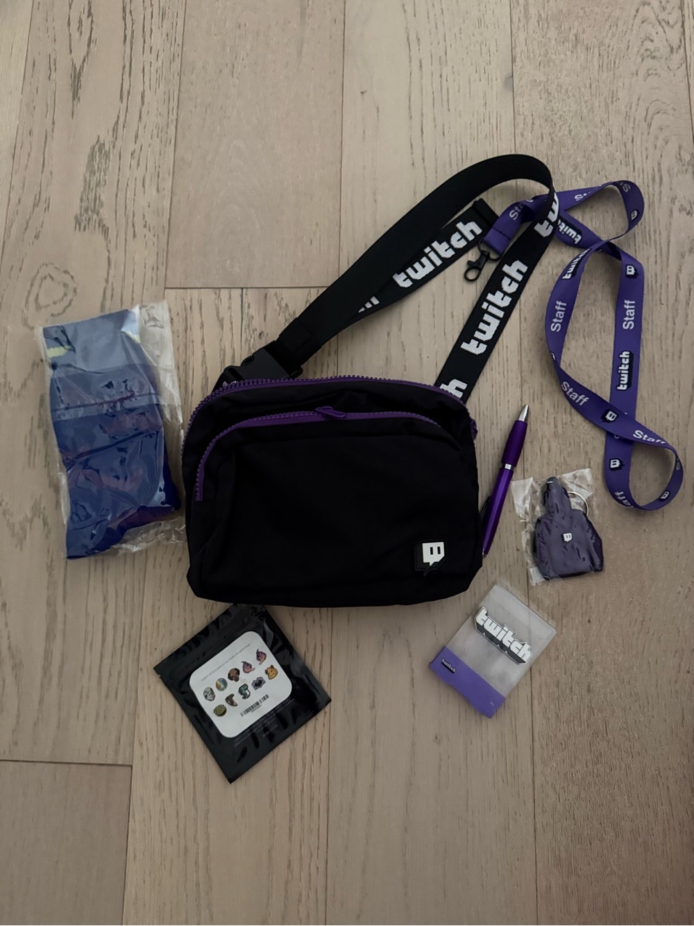 Black and Purple Crossbody Bag with Branded Strap